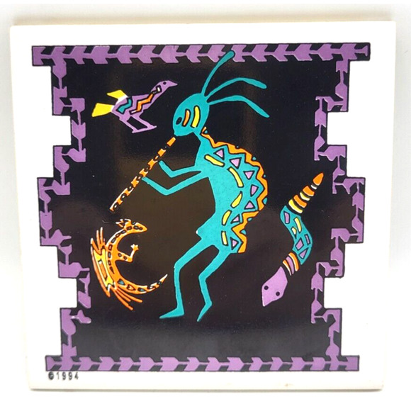 KOKAPELLI Lanka WallTiles Ceramic Trivet Made in Sri Lanka Vintage 1994 4.5x4.5" - Picture 1 of 7